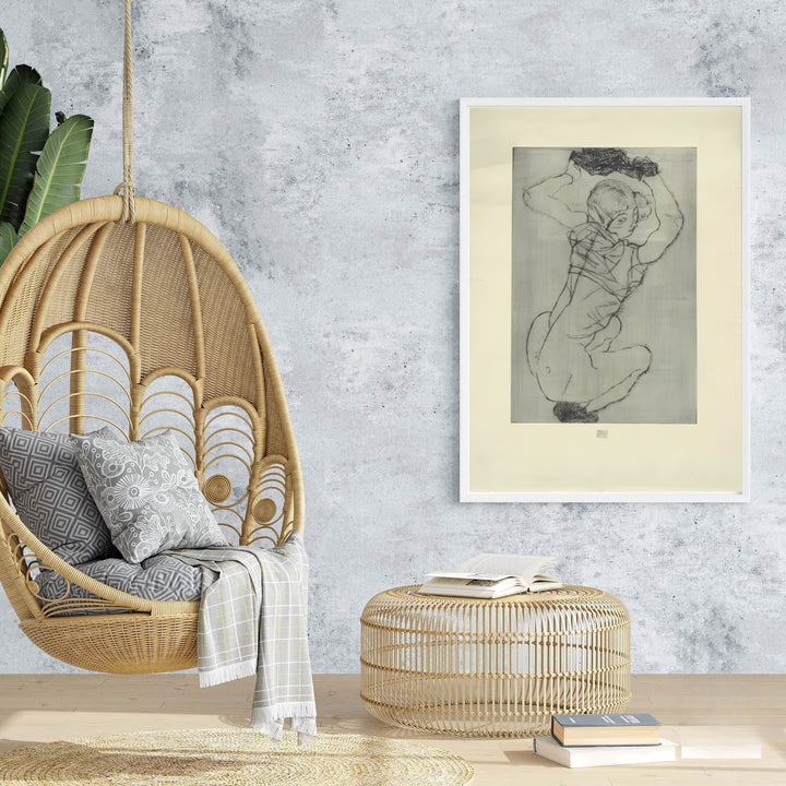 Vintage Austrian Expressionist sketch poster print of Egon Schiele Crouching Female Nude 1914 from Leopold Museum Vienna rendered in charcoal tones. Browse archival framed wall art, unframed poster prints, and stretched gallery canvas options at MapYourDreams for expressive home decor.
