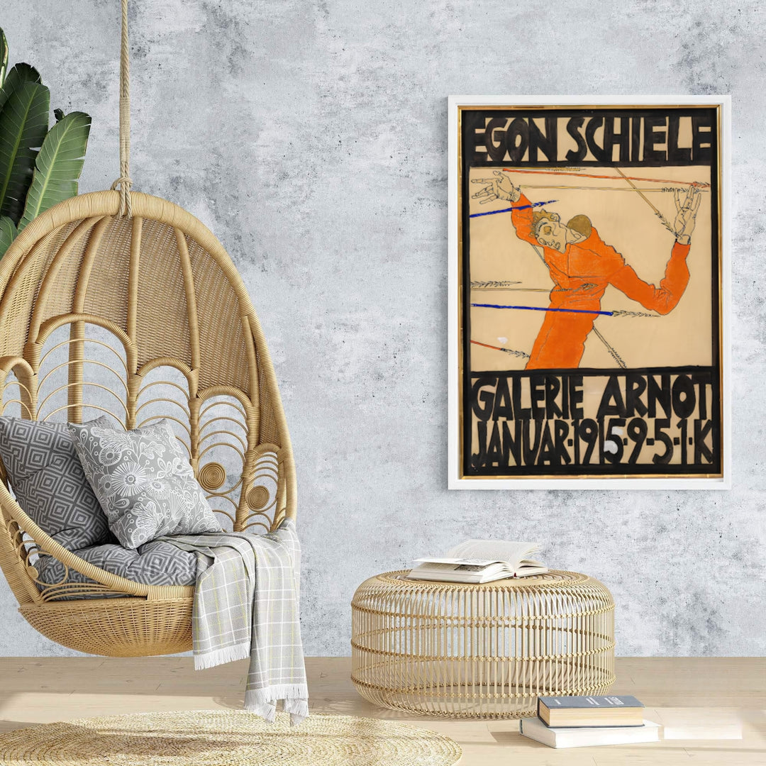 Vintage Austrian Expressionist poster print of Egon Schiele Galerie Arnot 1915 from Galerie Arnot Vienna rendered in bold graphic tones. Browse archival framed wall art, unframed poster prints, and stretched gallery canvas options at MapYourDreams for expressive home decor.