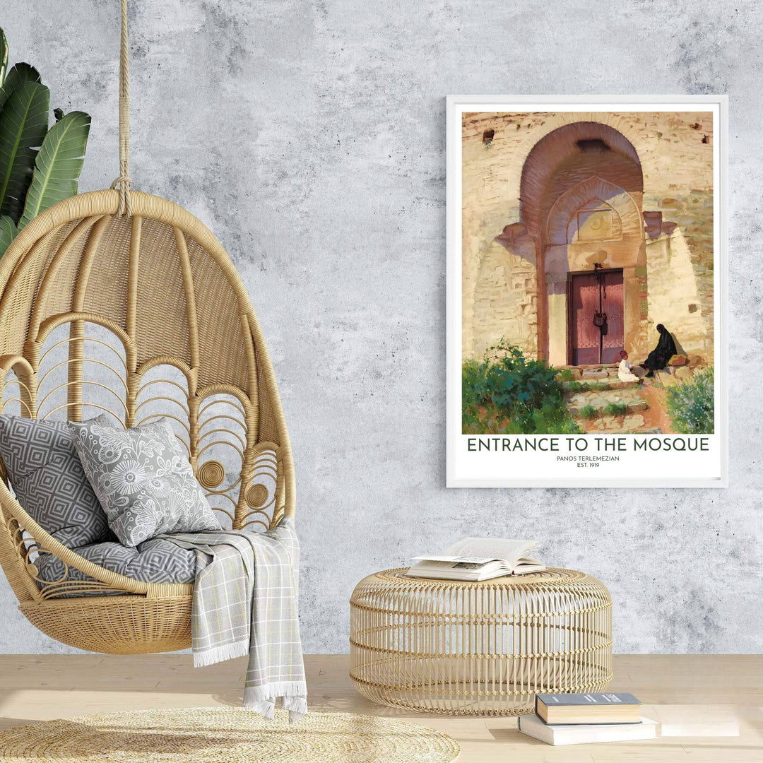 Fine art poster featuring Entrance to the Mosque by Panos Terlemezian under warm afternoon sunlight with limestone shadow contrasts. Prepared by MapYourDreams, this artwork is available in flexible options including unframed paper, custom wooden frames, and gallery canvas wraps for chic home decor.