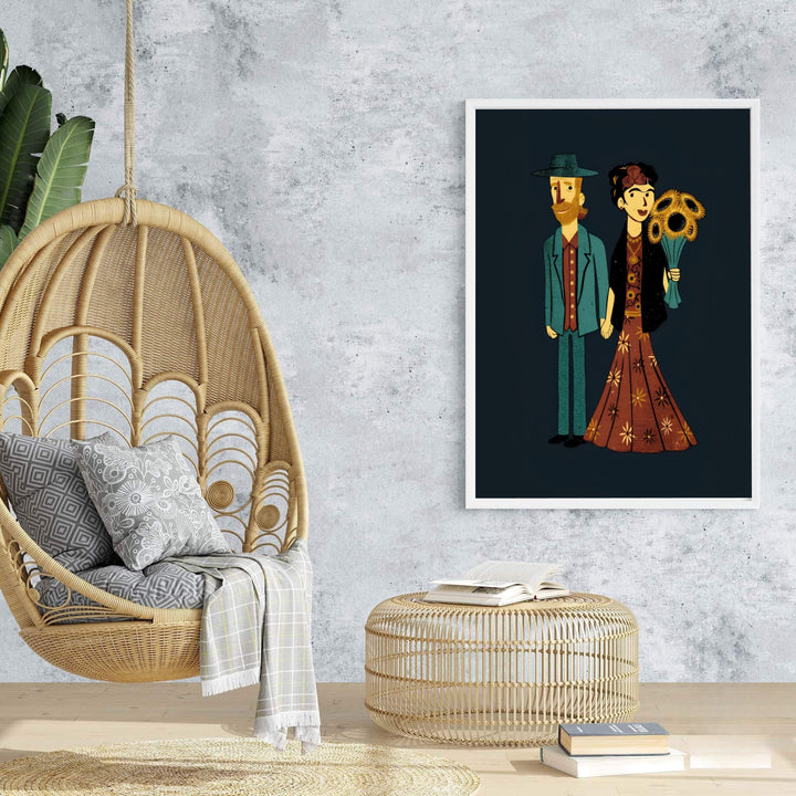 Vintage art history double portrait print of Frida Kahlo And Van Gogh Couple 1939 rendered in cute character linework in Coyoacán, Mexico City. Browse archival framed wall art, unframed poster prints, and stretched gallery canvas choices at MapYourDreams for libraries.