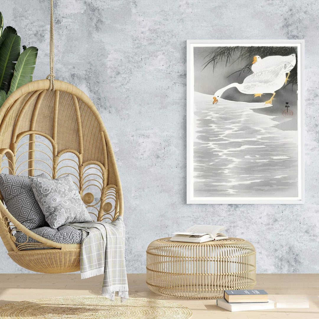 Monochromatic grey wash 1900 1930 vintage Japanese wall art by artist Ohara Koson showing geese on a shore from a historic Kyoto collection. Browse archival framed, unframed, and canvas poster choices at MapYourDreams.