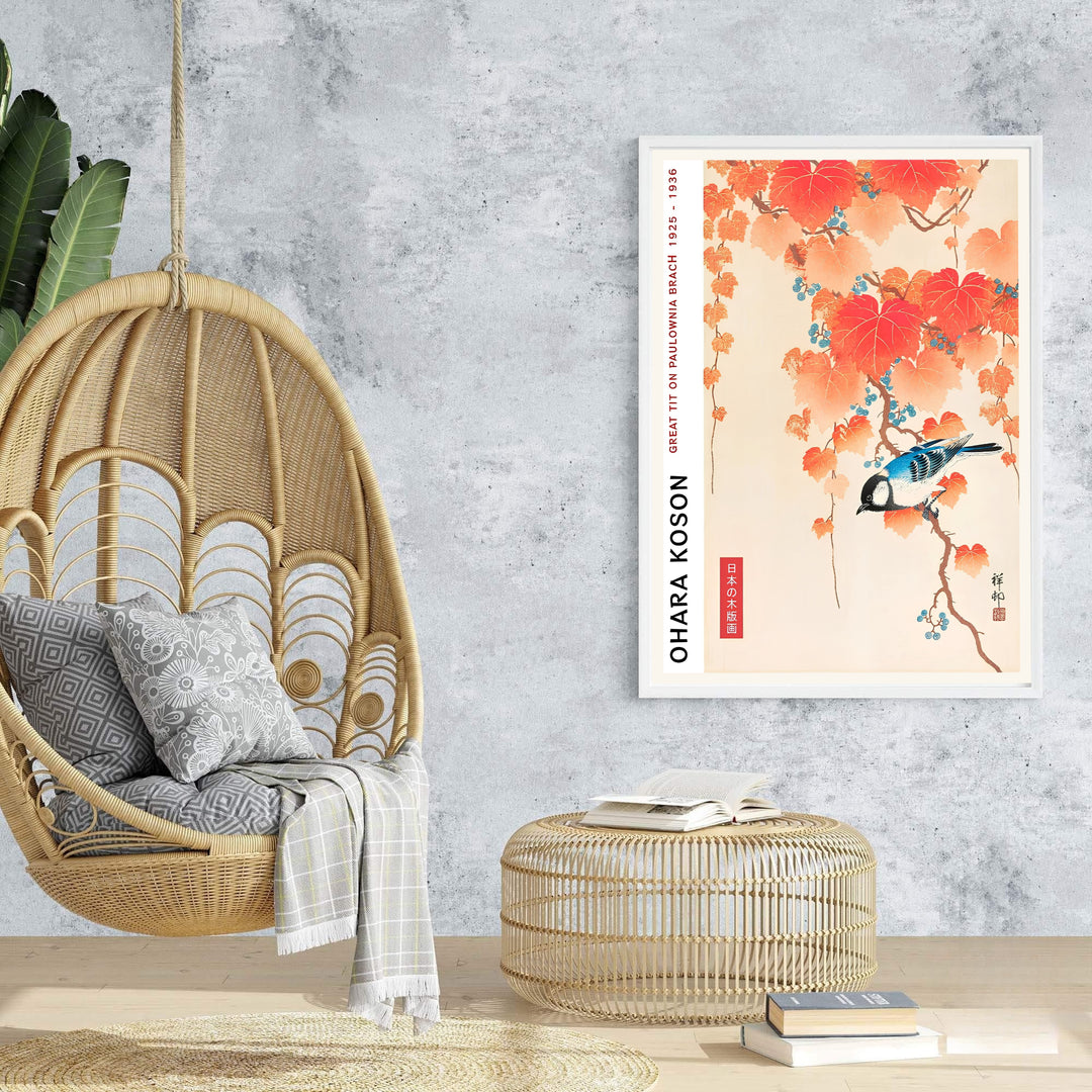Soft cream background 1925 1936 vintage Japanese wall art by artist Ohara Koson showing a blue bird on red paulownia branches from a historic Kyoto collection. Browse archival framed, unframed, and canvas poster choices at MapYourDreams.