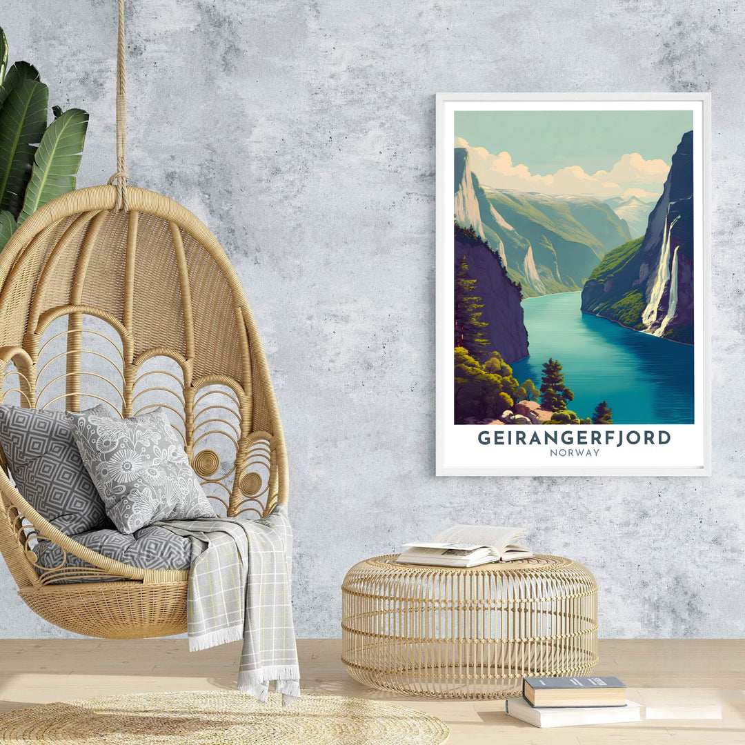 Vibrant travel poster art of Geirangerfjord Norway featuring steep cliffs, the Seven Sisters Waterfall, and clean vintage typography. Ideal for building a nature gallery wall, available in customizable setups such as unframed art prints, canvas gallery wraps, and durable framed artwork.