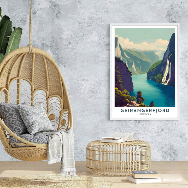 Vibrant travel poster art of Geirangerfjord Norway featuring steep cliffs, the Seven Sisters Waterfall, and clean vintage typography. Ideal for building a nature gallery wall, available in customizable setups such as unframed art prints, canvas gallery wraps, and durable framed artwork.