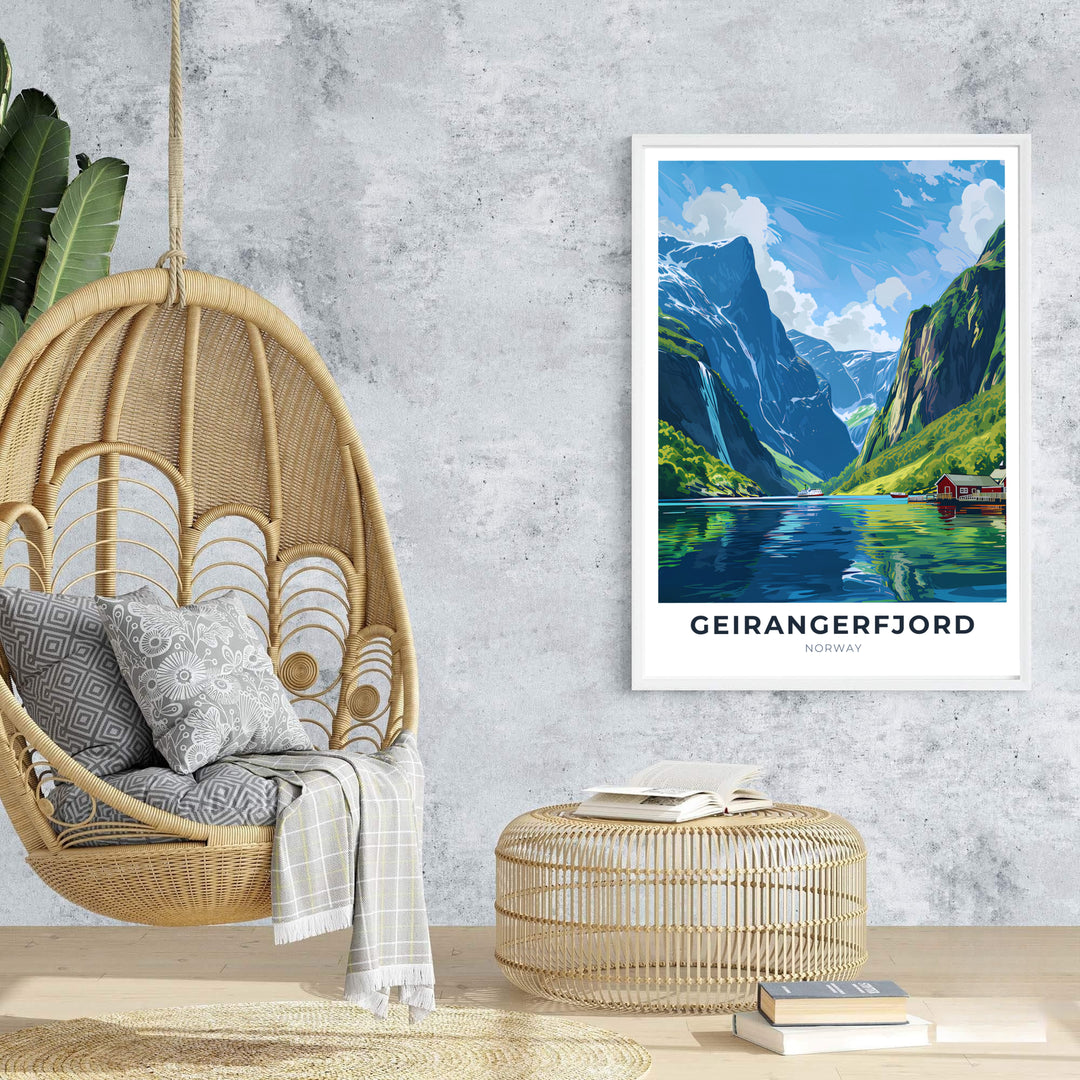 Vibrant travel poster art of Geirangerfjord Norway featuring a passenger ship, steep mountain waterfalls, and clean travel typography. Ideal for creating a nature gallery wall, available in customizable configurations such as unframed art prints, canvas gallery wraps, and durable framed artwork.