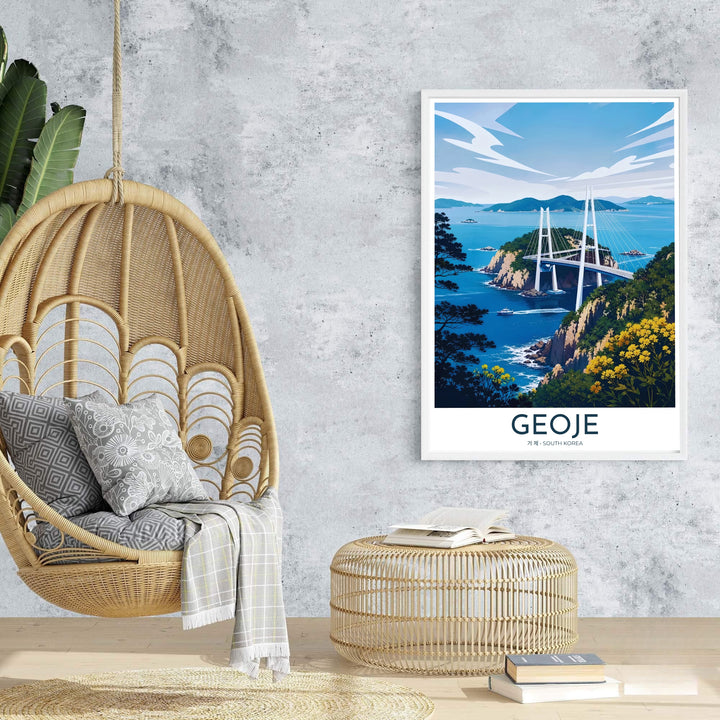 Sophisticated vector travel poster of Geoje, South Korea, presenting the iconic Geoga Bridge surrounded by pine-covered cliffs and blue ocean waters. Offered by MapYourDreams, this artwork is available in flexible options including unframed paper, custom wooden frames, and gallery canvas wraps.