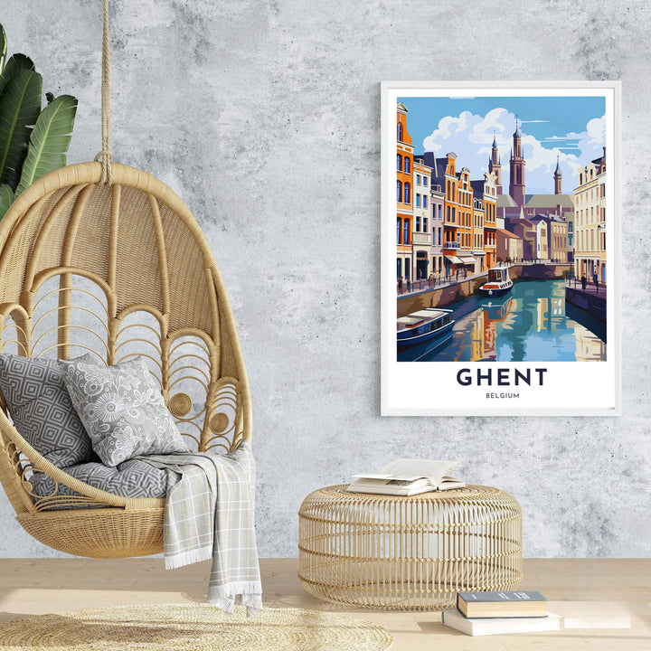 An enchanting retro graphic poster capturing the water reflection and sky towers of Ghent, Belgium. Offered by MapYourDreams, this artwork is available in flexible options including unframed paper, custom wooden frames, and gallery canvas wraps.
