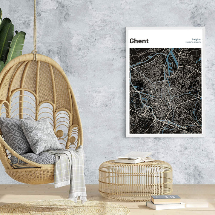 Modern black and blue map graphic art highlighting the city infrastructure of Ghent, Belgium. Offered by MapYourDreams, this artwork is available in flexible options including unframed paper, custom wooden frames, and gallery canvas wraps.