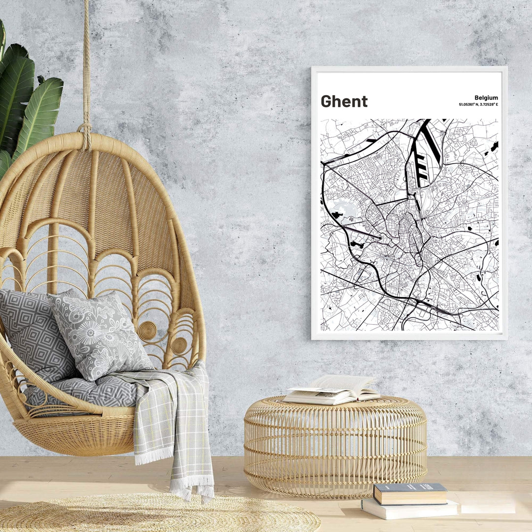 Modern black and white map graphic art highlighting the city infrastructure of Ghent, Belgium. Offered by MapYourDreams, this artwork is available in flexible options including unframed paper, custom wooden frames, and gallery canvas wraps.