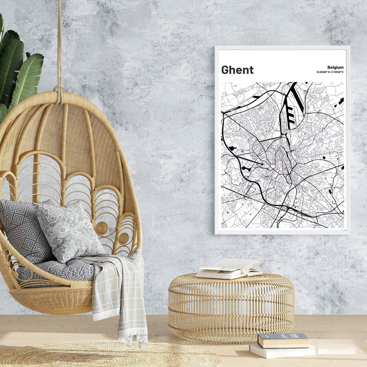 Modern black and white map graphic art highlighting the city infrastructure of Ghent, Belgium. Offered by MapYourDreams, this artwork is available in flexible options including unframed paper, custom wooden frames, and gallery canvas wraps.