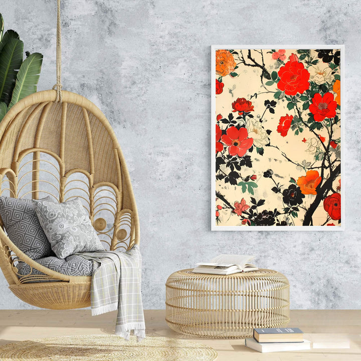 Aged parchment background vintage Japanese wall art by artist Katsushika Hokusai showing vibrant floral branches from a historic Kyoto collection. Browse archival framed, unframed, and canvas poster choices at MapYourDreams.