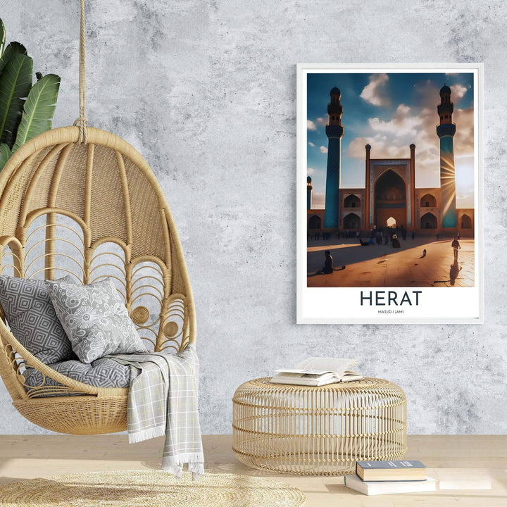 Travel poster of Herat Afghanistan featuring Great Mosque of Herat under a dramatic backlit sky with golden rays. Prepared by MapYourDreams, this artwork is available in flexible options including unframed paper, custom wooden frames, and gallery canvas wraps for chic home decor.