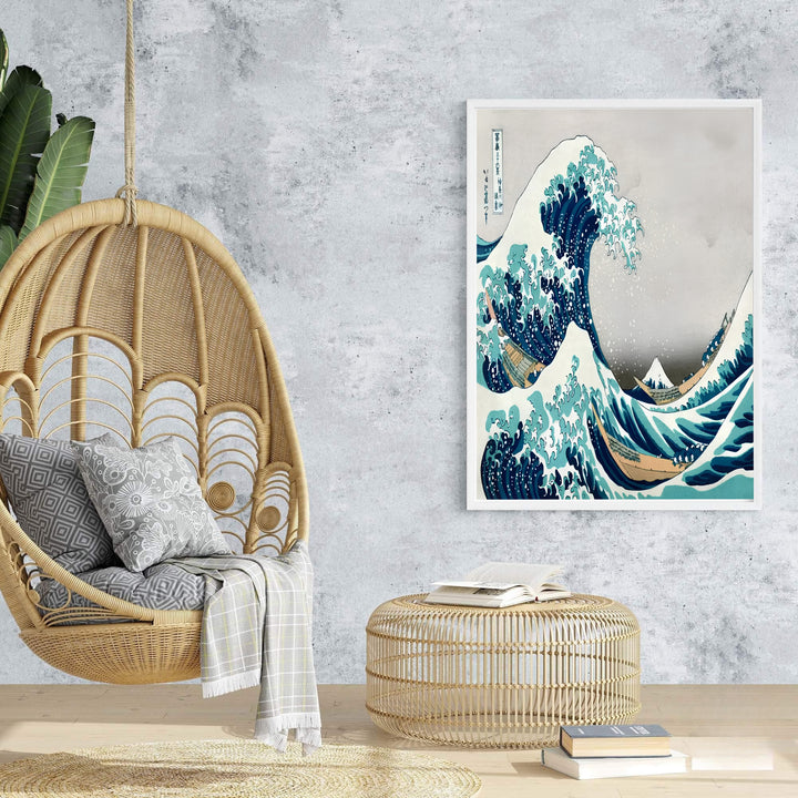 Soft grey sky background vintage Japanese wall art by artist Katsushika Hokusai showing Mount Fuji framed inside a giant ocean wave off Kanagawa. Browse archival framed, unframed, and canvas poster choices at MapYourDreams.