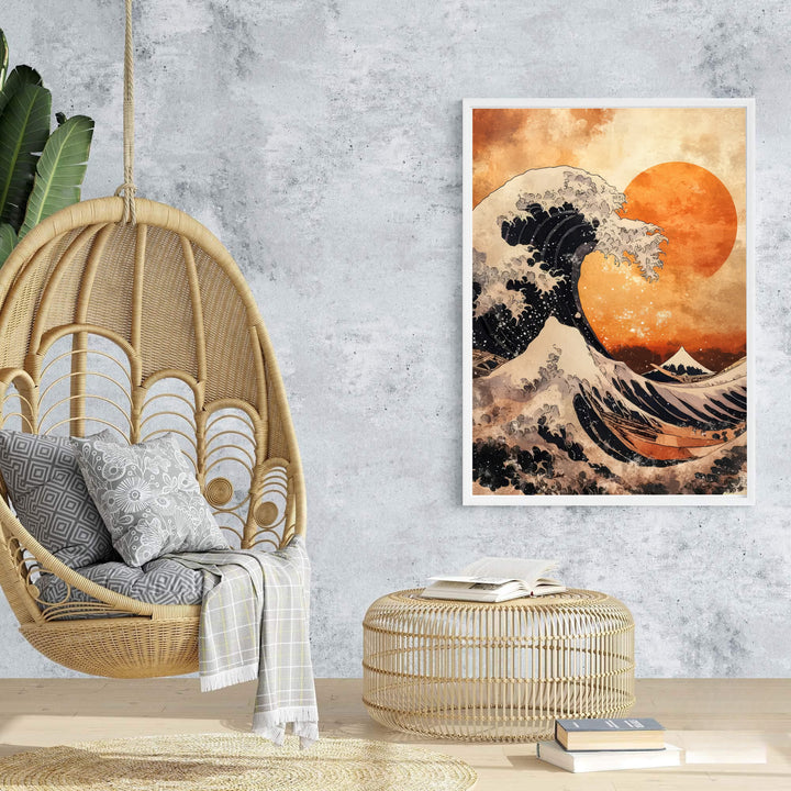 Glowing orange sky background vintage Japanese wall art by artist Katsushika Hokusai showing Mount Fuji framed inside an ocean wave off Kanagawa. Browse archival framed, unframed, and canvas poster choices at MapYourDreams.