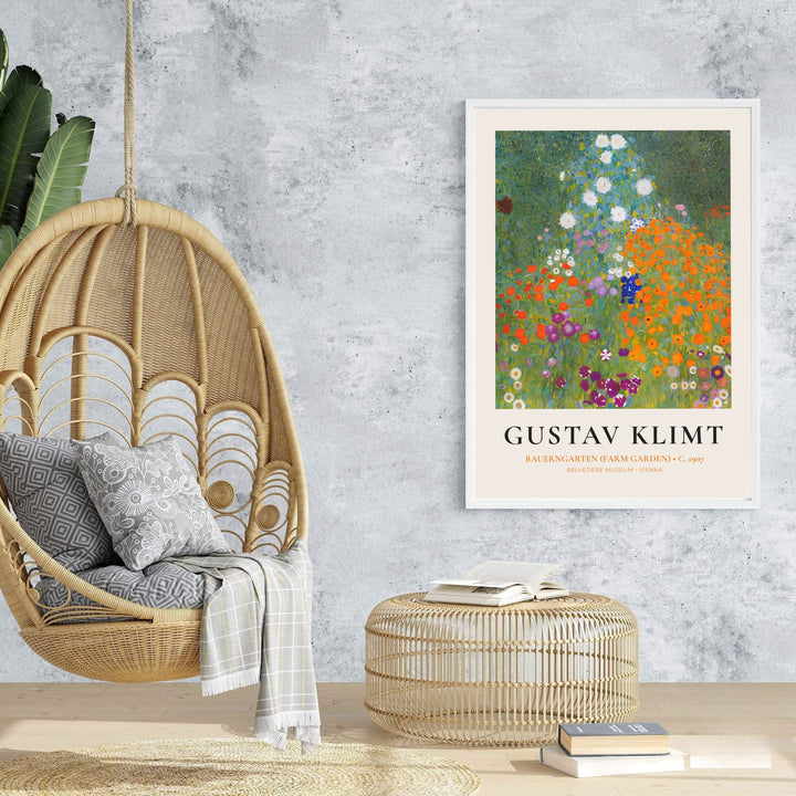 Vintage Klimt poster print of Gustav Klimt Bauerngarten Farm Garden 1907 rendered in Art Nouveau style in Vienna, Austria. Browse archival framed wall art, unframed poster prints, and stretched gallery canvas options at MapYourDreams for vintage interior themes.