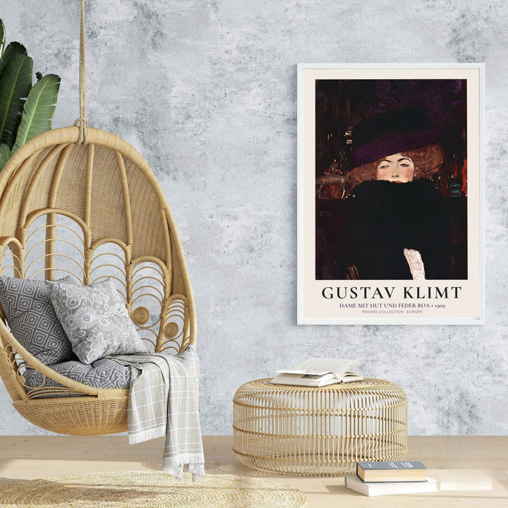 Vintage Klimt poster print of Gustav Klimt Dame Mit Hut Und Federboa 1909 rendered in Expressionist style in Europe. Browse archival framed wall art, unframed poster prints, and stretched gallery canvas options at MapYourDreams for vintage interior themes.