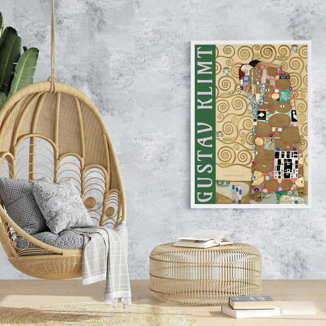 Vintage Klimt poster print of Gustav Klimt Fulfillment Die Erfullung 1909 rendered in mosaic style from the Stoclet Palace in Brussels Belgium. Browse archival framed wall art, unframed poster prints, and stretched gallery canvas options at MapYourDreams for vintage themes.