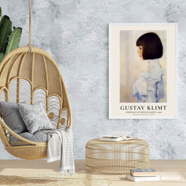 Vintage Klimt portrait poster print of Gustav Klimt Portrait Of Helene Klimt 1898 rendered in soft grey and white hues from a Private Collection in Europe. Browse archival framed wall art, unframed poster prints, and stretched gallery canvas options at MapYourDreams for minimalist themes.