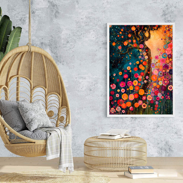 Elegant botanical wall art poster of Gustav Klimt Style Dream Of Flowers displaying stylized organic shapes and bright flower beds. MapYourDreams features custom framed prints, unframed paper wall poster decor, and gallery canvas options for living rooms, bedrooms, and offices.