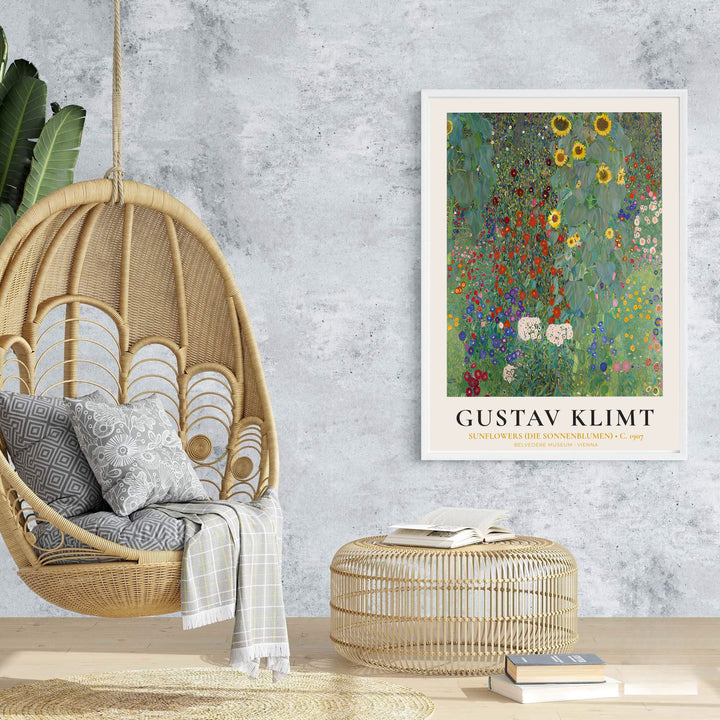 Vibrant Austrian modernism poster print of Gustav Klimt Sunflowers Die Sonnenblumen 1907 from Belvedere Museum Vienna rendered in full color depth. Browse archival framed wall art, unframed poster prints, and stretched gallery canvas options at MapYourDreams for expressive home decor.