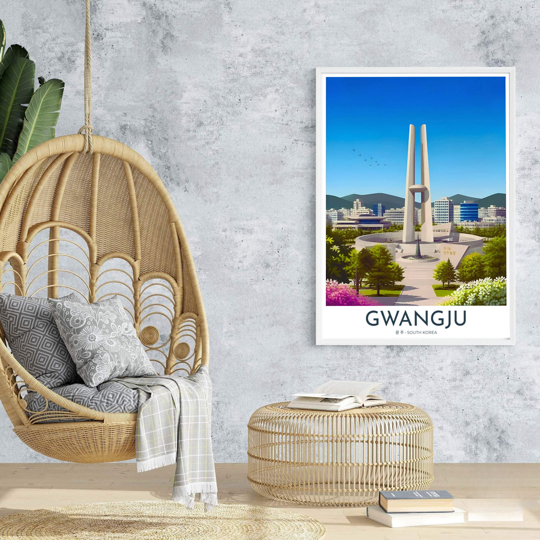 Stylish travel poster of Gwangju, South Korea, capturing the harmony between human memory, modern architectural design, and peaceful park landscapes at the May 18 Memorial. Offered by MapYourDreams, this artwork is available in flexible options including unframed paper, custom wooden frames, and gallery canvas wraps.