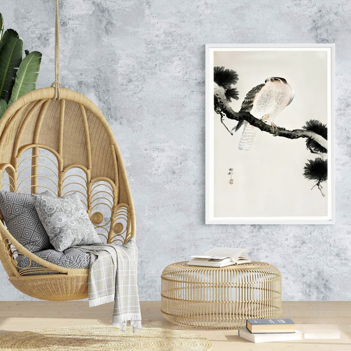 Soft cream background 1900 1930 vintage Japanese wall art by artist Ohara Koson showing a hawk on a pine tree from a historic Kyoto collection. Browse archival framed, unframed, and canvas poster choices at MapYourDreams.
