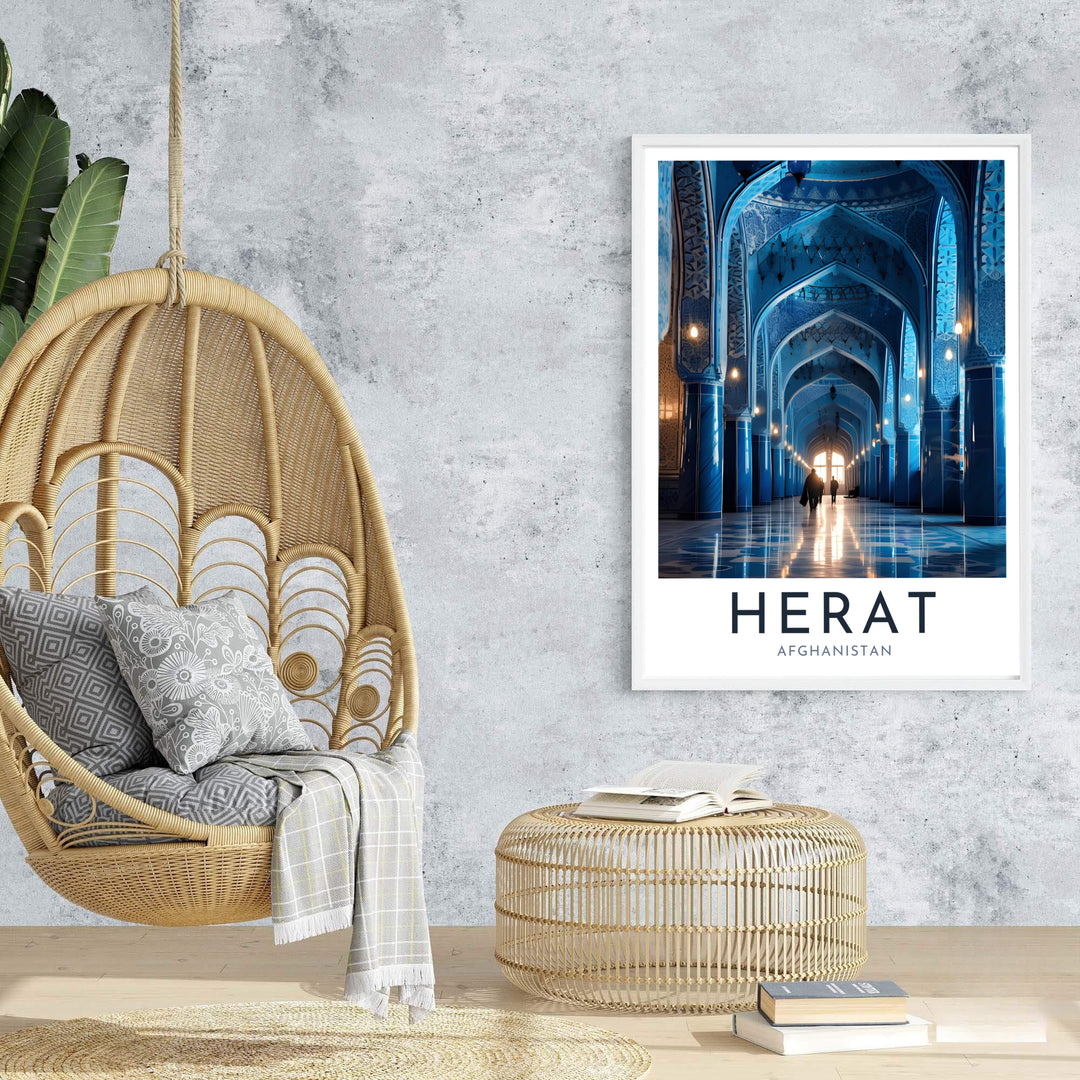 Atmospheric photography print of Herat Blue Mosque in Afghanistan featuring blue tile corridors and elegant serif text, supplied by MapYourDreams as an unframed paper print, stretched canvas wall art, or custom framed wall decor for minimalist bedroom gallery wall arrangements.