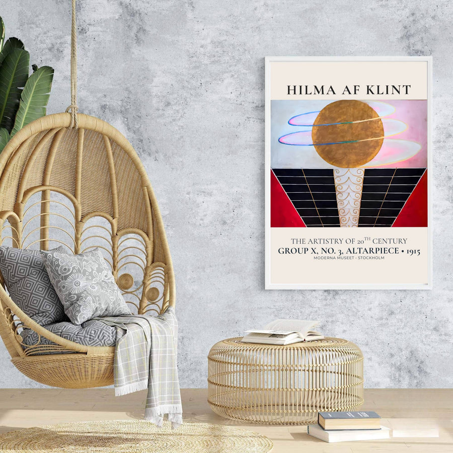 Bringing a touch of avant-garde grace to architectural interiors, this harmonious Moderna Museet exhibition piece in the form of a Hilma af Klint Group X No 3 Altarpiece turns spiritual studies into art. Offered by MapYourDreams, this artwork is available in flexible options including unframed paper, custom wooden frames, and gallery canvas wraps.