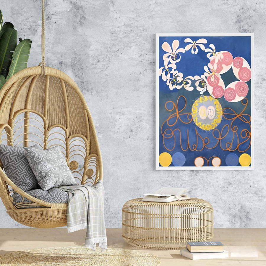 Bringing a touch of avant-garde grace to architectural interiors, this harmonious Stockholm exhibition piece in the form of The Ten Largest No 1 Childhood 1907 by Hilma af Klint turns studies into art. Offered by MapYourDreams, this artwork is available in flexible options including unframed paper, custom wooden frames, and gallery canvas wraps.