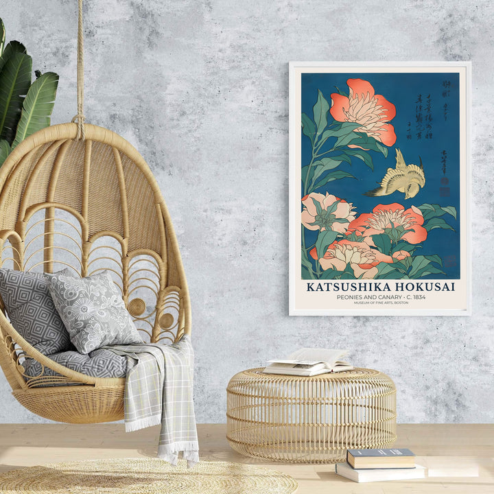 Teal background vintage Japanese wall art Peonies and Canary by artist Katsushika Hokusai showing a canary hovering above peony blooms in Boston. Browse archival framed, unframed, and canvas poster choices at MapYourDreams.