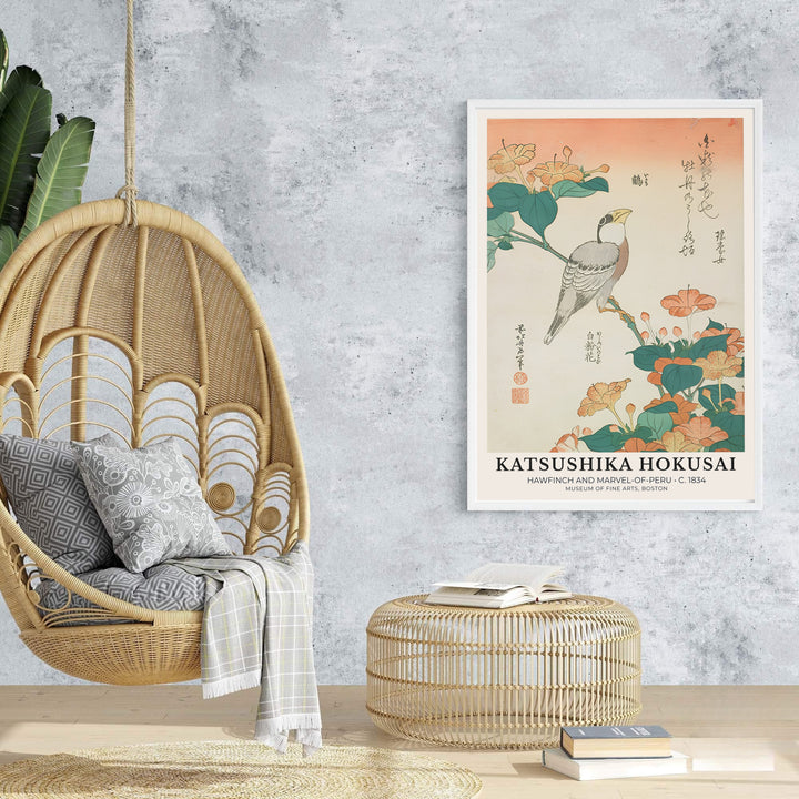 Elegant Japanese nature poster Hawfinch and Marvel-of-Peru by artist Katsushika Hokusai featuring a hawfinch and yellow-orange flowers in Boston. MapYourDreams features framed, unframed, and canvas print options for office wall art decor.