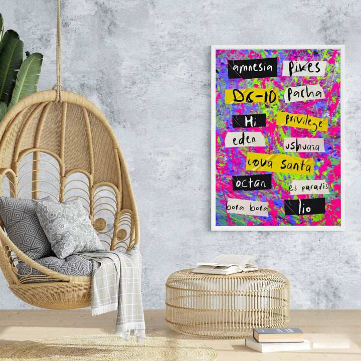 Vibrant neon rave wall art displaying handwritten club names like Lío and Pikes against splattered paint in Ibiza, Spain, offered at MapYourDreams with choices for unframed paper prints, gallery-quality stretched canvas, or custom frame finishes for living rooms.