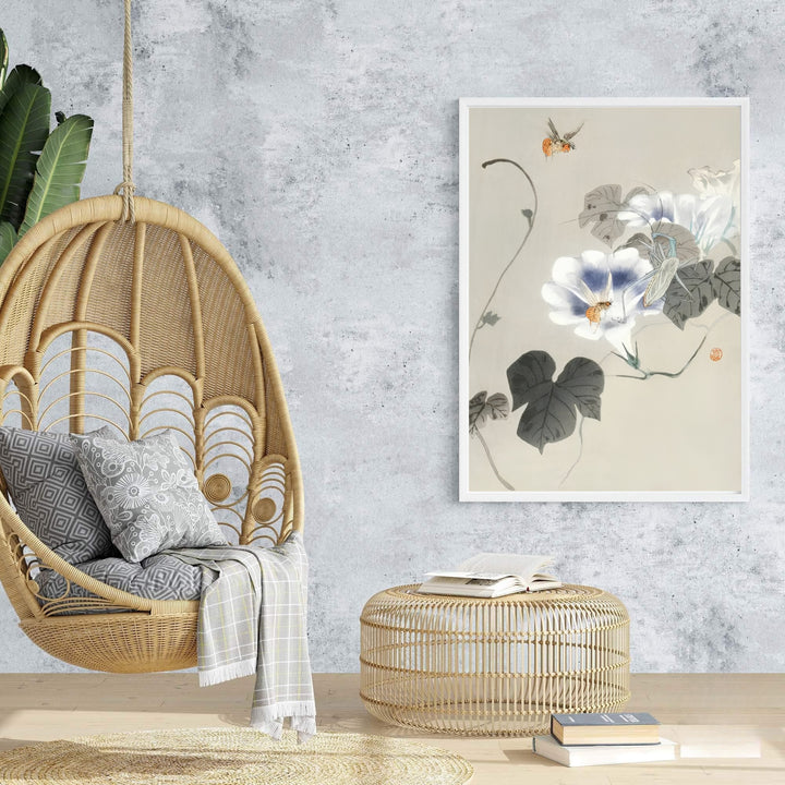 Elegant 1900 1930 Japanese oriental flower poster by artist Ohara Koson featuring insects on bindweed inspired by Nara garden culture. MapYourDreams features framed, unframed, and canvas print options for bedroom wall art decor.