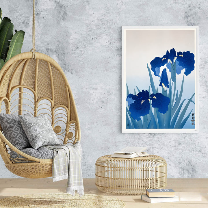 Soft light blue gradient background vintage Japanese wall art by artist Ohara Koson showing iris flowers from a historic Kyoto collection. Browse archival framed, unframed, and canvas poster choices at MapYourDreams.