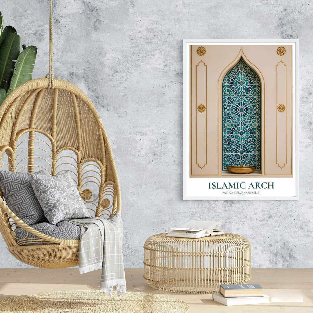 Fine art wall decor print featuring an Islamic arch niche with turquoise mosaic tilework and polished brass star medallions. Prepared by MapYourDreams, this artwork is available in flexible options including unframed paper, custom wooden frames, and gallery canvas wraps for chic home decor.