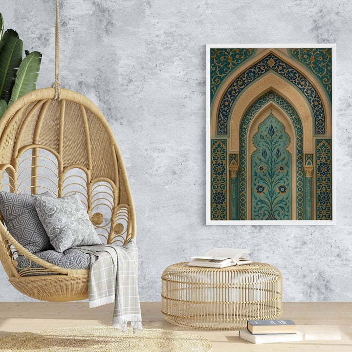 Fine art wall decor print featuring an Islamic arch niche with turquoise botanical tilework and gilded gold filigree borders. Prepared by MapYourDreams, this artwork is available in flexible options including unframed paper, custom wooden frames, and gallery canvas wraps for chic home decor.