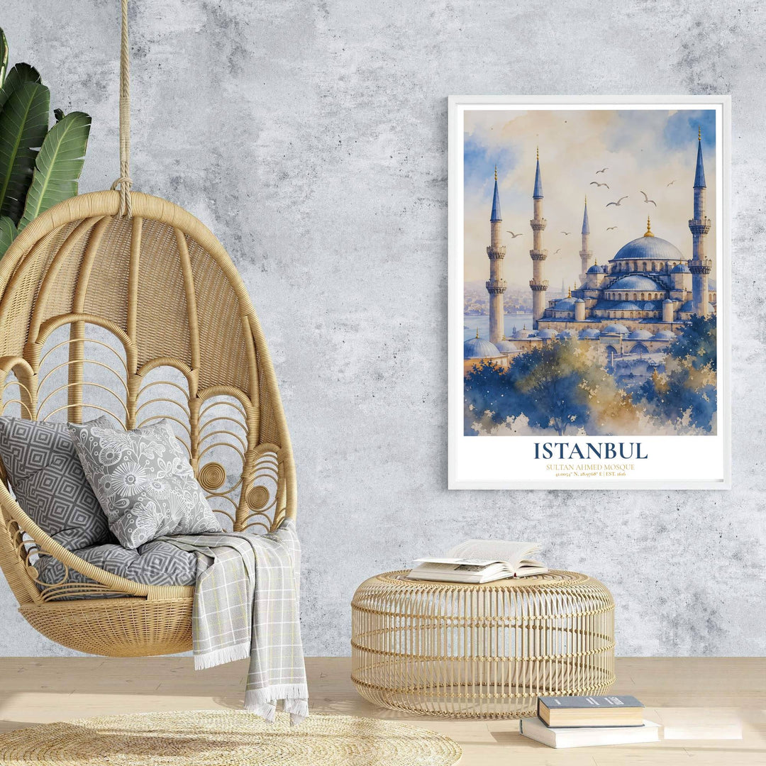 Travel poster of Istanbul Turkey featuring Sultan Ahmed Mosque under a soft sky with vibrant cobalt watercolor washes. Prepared by MapYourDreams, this artwork is available in flexible options including unframed paper, custom wooden frames, and gallery canvas wraps for chic home decor.