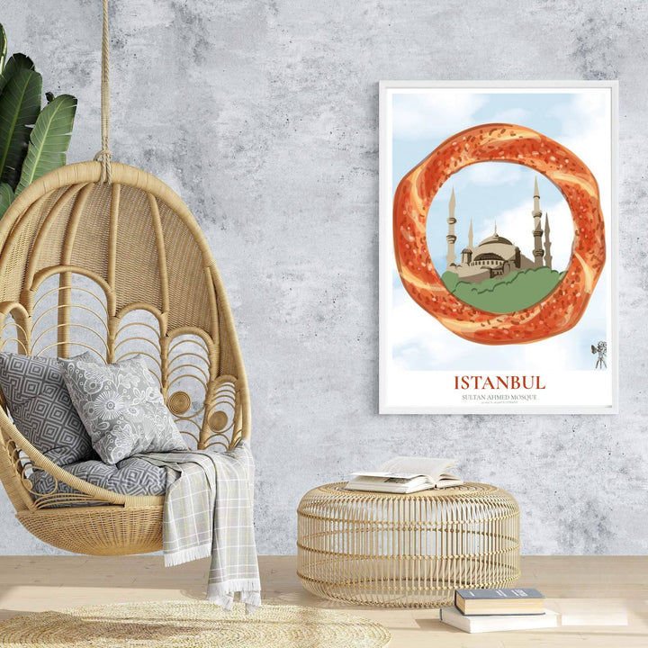 Turkish street food illustration poster of Istanbul Blue Mosque framed by a sesame bread ring with clean typography text. Presented by MapYourDreams, this artwork is available in flexible options including unframed paper, custom wooden frames, and gallery canvas wraps for living room art.