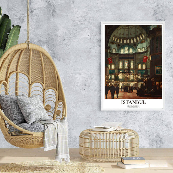 Travel poster of Istanbul Turkey featuring Hagia Sophia interior under glowing chandeliers with red Turkish flags. Prepared by MapYourDreams, this artwork is available in flexible options including unframed paper, custom wooden frames, and gallery canvas wraps for chic home decor.