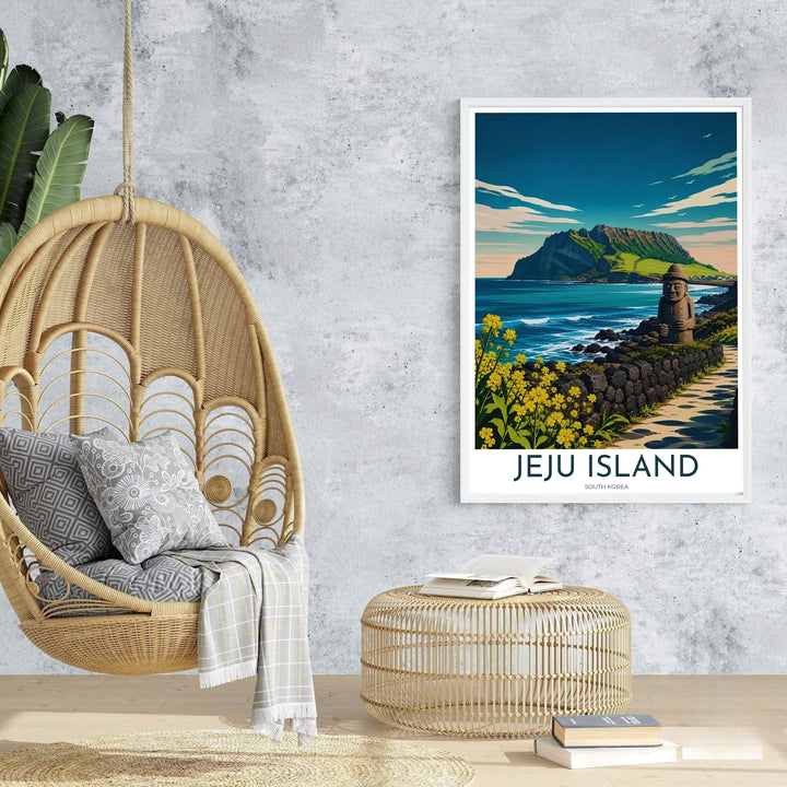 Sophisticated vector travel poster of Jeju Island, South Korea, presenting a serene coastal vista with stone walls, yellow blossoms, and the famous Sunrise Peak. Offered by MapYourDreams, this artwork is available in flexible options including unframed paper, custom wooden frames, and gallery canvas wraps.