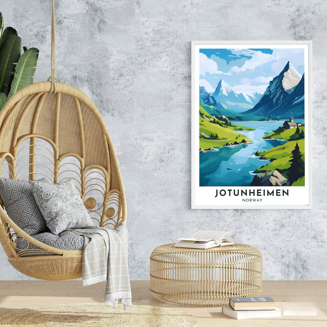 Vibrant travel poster art of Jotunheimen Norway featuring mountain peaks, turquoise waters, and bold Scandinavian typography. Ideal for creating a nature gallery wall, available in customizable configurations such as unframed art prints, canvas gallery wraps, and durable framed artwork.