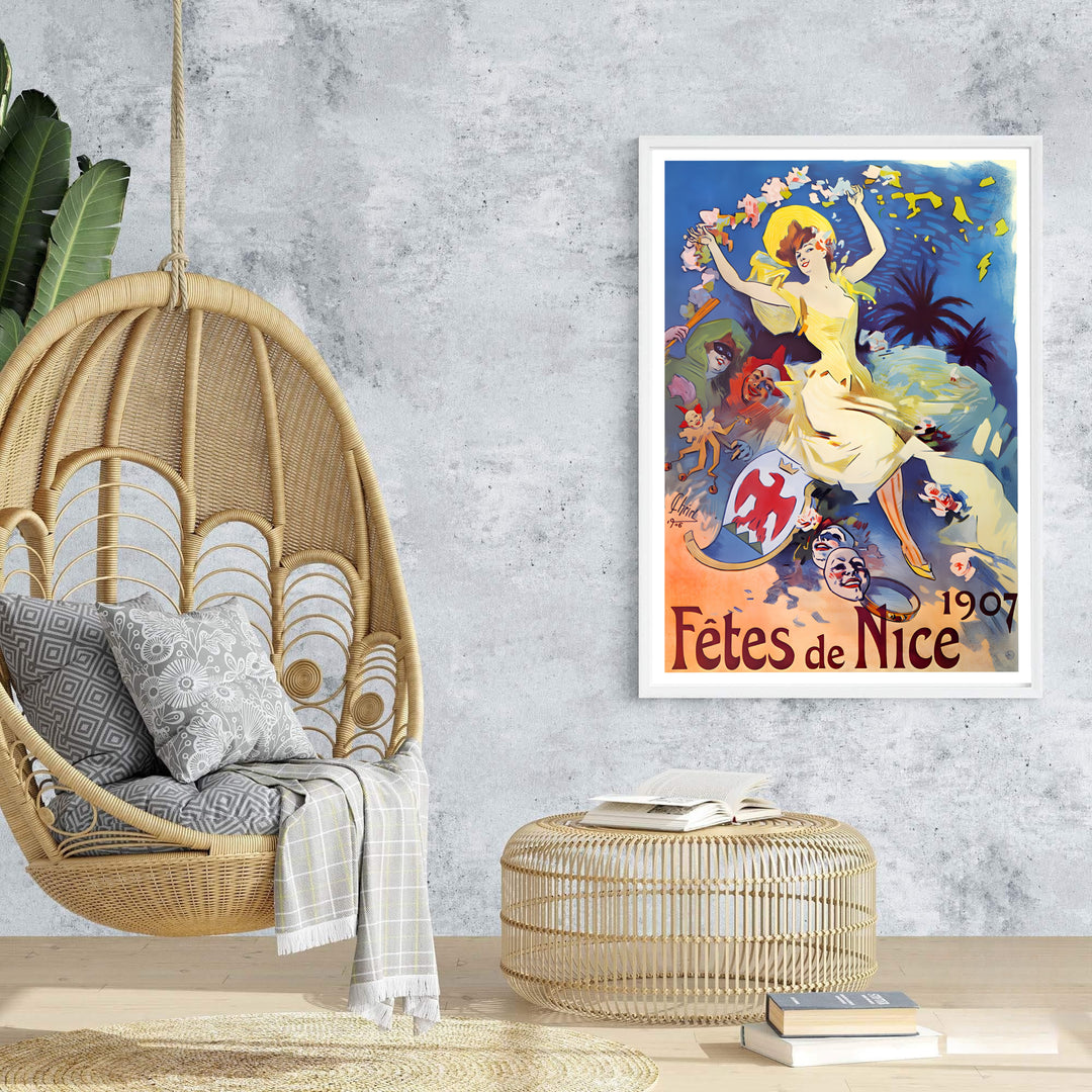Ethereal French carnival poster Fêtes De Nice by artist Jules Chéret showing a smiling woman in a yellow sun hat in Nice France on the French Riviera. Browse archival framed, unframed, and canvas poster choices at MapYourDreams.