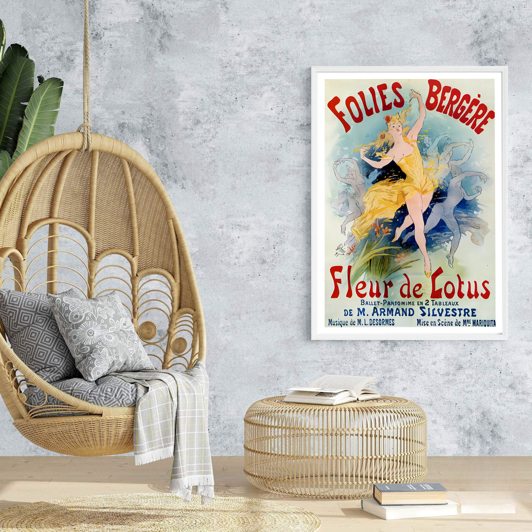 Ethereal French cabaret poster Folies Bergère Fleur De Lotus by artist Jules Chéret showing a twirling yellow-dressed maiden in Paris France. Browse archival framed, unframed, and canvas poster choices at MapYourDreams.