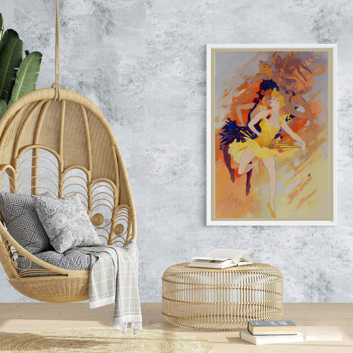 Ethereal French dance poster La Danse by artist Jules Chéret showing a yellow-dressed ballerina leaping in Paris France. Browse archival framed, unframed, and canvas poster choices at MapYourDreams.