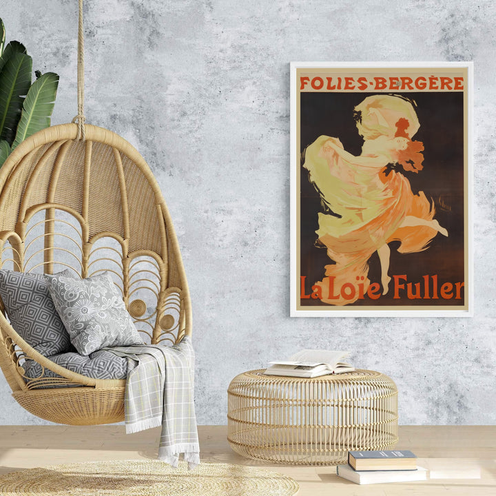 Ethereal French cabaret poster La Loïe Fuller Folies Bergère by artist Jules Chéret showing a dancer enveloped in pastel yellow veils in Paris France. Browse archival framed, unframed, and canvas poster choices at MapYourDreams.
