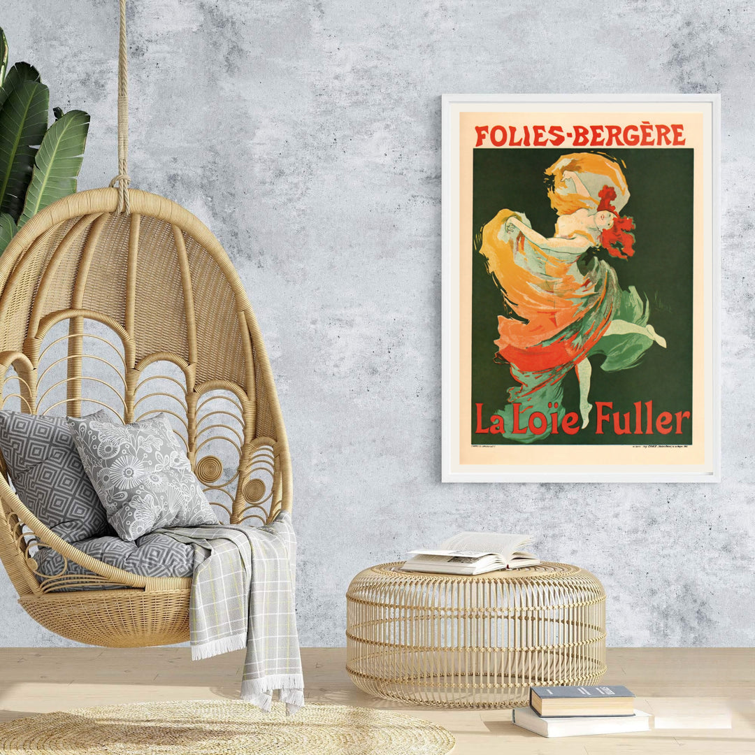 Ethereal French cabaret poster Folies Bergère La Loïe Fuller by artist Jules Chéret showing a dancer with flaming red hair in Paris France. Browse archival framed, unframed, and canvas poster choices at MapYourDreams.