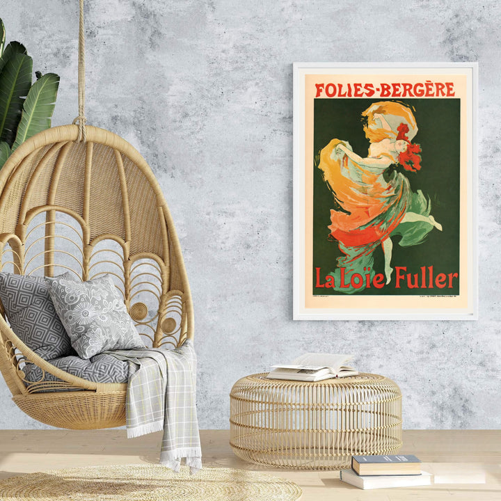 Ethereal French cabaret poster Folies Bergère La Loïe Fuller by artist Jules Chéret showing a dancer with flaming red hair in Paris France. Browse archival framed, unframed, and canvas poster choices at MapYourDreams.