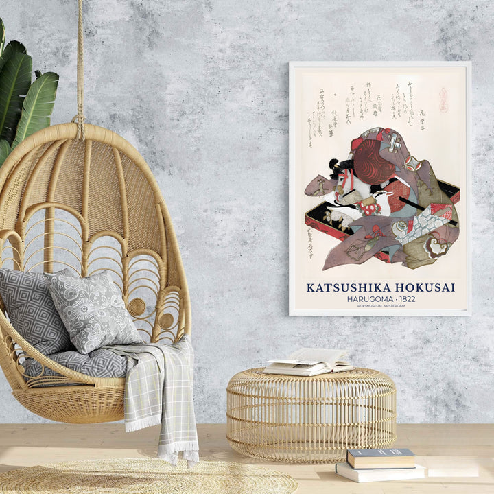 Elegant Japanese oriental museum poster by artist Katsushika Hokusai featuring a Harugoma hobby horse in Amsterdam. MapYourDreams features framed, unframed, and canvas print options for office wall art decor.