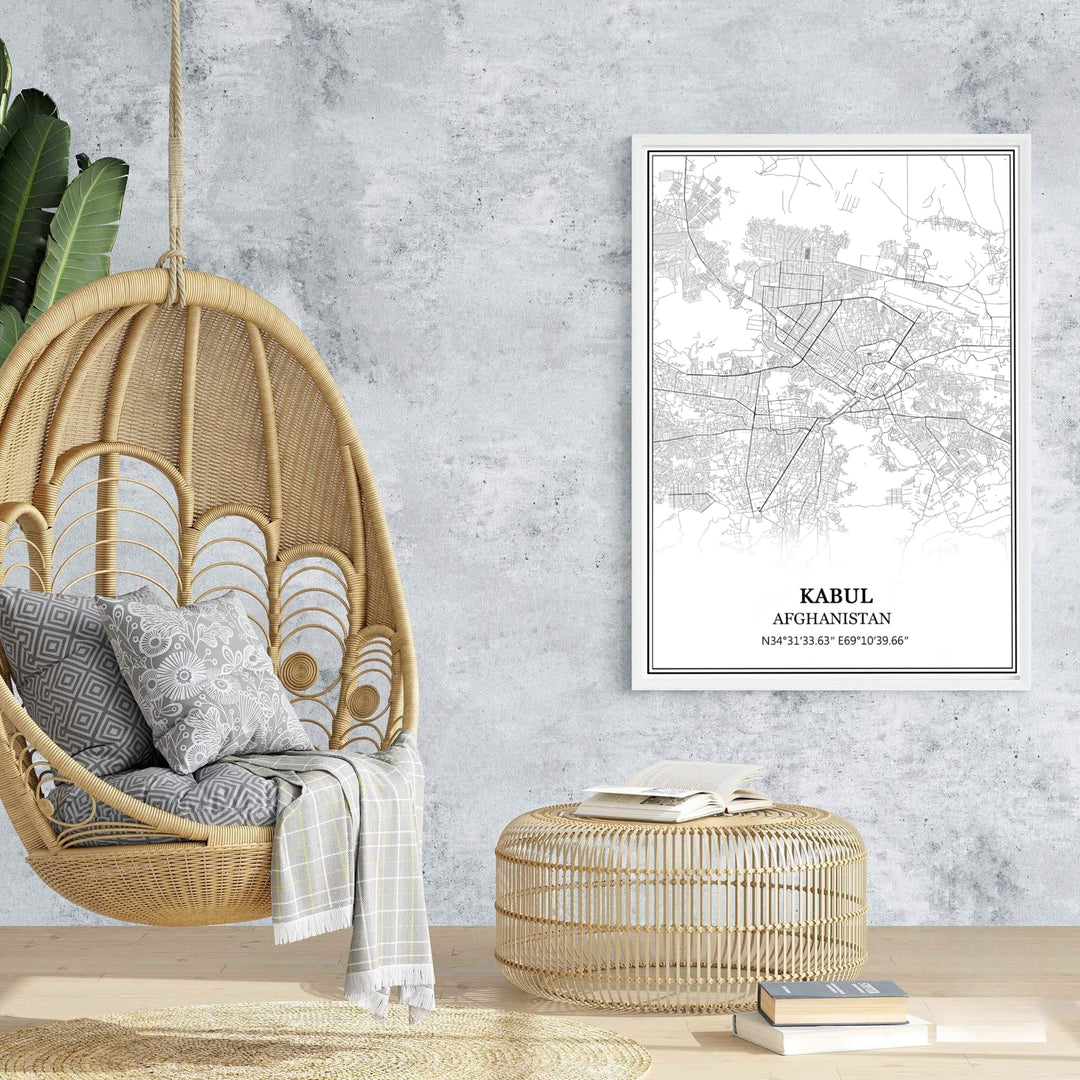 Sleek modern map print of Kabul Afghanistan featuring detailed city geography and crisp white margin borders, supplied by MapYourDreams as an unframed paper print, stretched canvas wall art, or custom framed wall decor for minimalist bedroom gallery wall arrangements.
