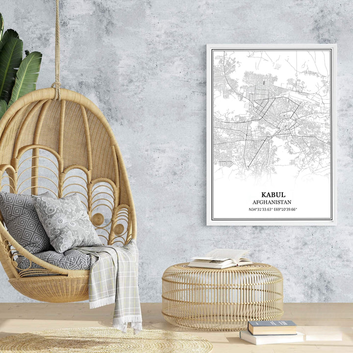 Sleek modern map print of Kabul Afghanistan featuring detailed city geography and crisp white margin borders, supplied by MapYourDreams as an unframed paper print, stretched canvas wall art, or custom framed wall decor for minimalist bedroom gallery wall arrangements.
